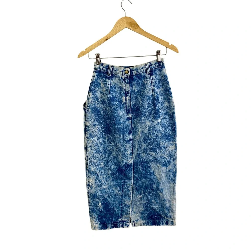 Vintage 80s Stuffed Shirt Acid Wash Denim Skirt High Waist Western V Yoke USA 25